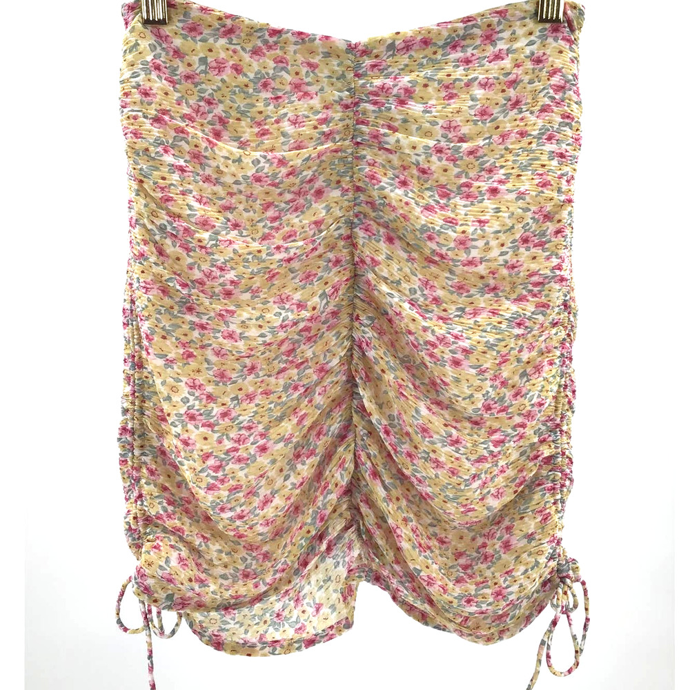 LULU'S XS yellow pink floral ruched mini skirt NEW 0B8 - Picture 6 of 8